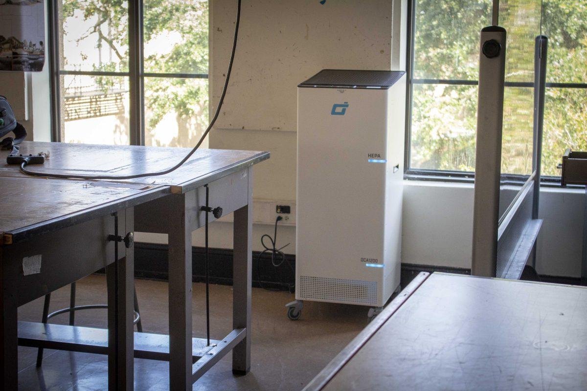 A HEPA filter sits in corner, Sunday, Sept. 9, 2021, in a studio in Atkinson Hall on LSU's campus.