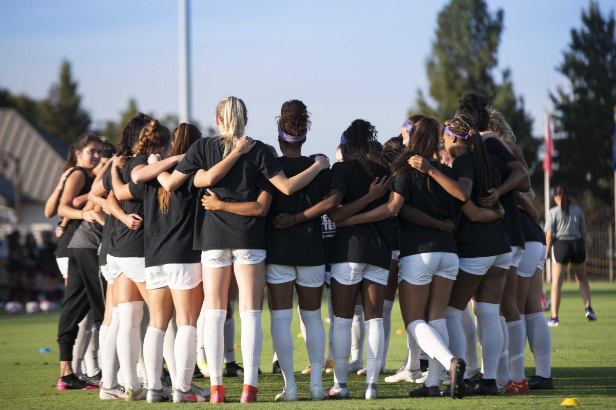 The LSU soccer team huddles up Thursday, Oct. 21, 2021 before LSU&#8217;s 4-0 win against South Carolina at the LSU Soccer Stadium in Baton Rouge, La.