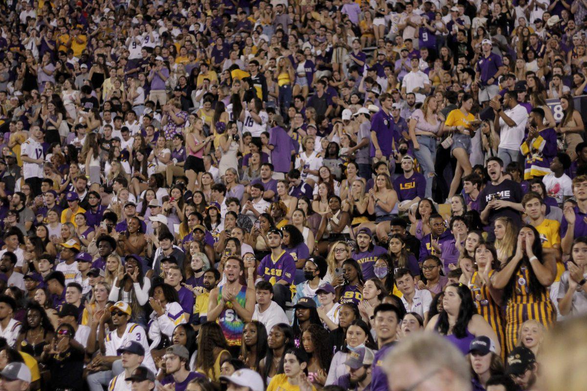 LSU fans sing "Callin' Baton Rouge" on Saturday, Oct. 2, 2021, during LSU's 24-19 loss against Auburn at Tiger Stadium in Baton Rouge, La.