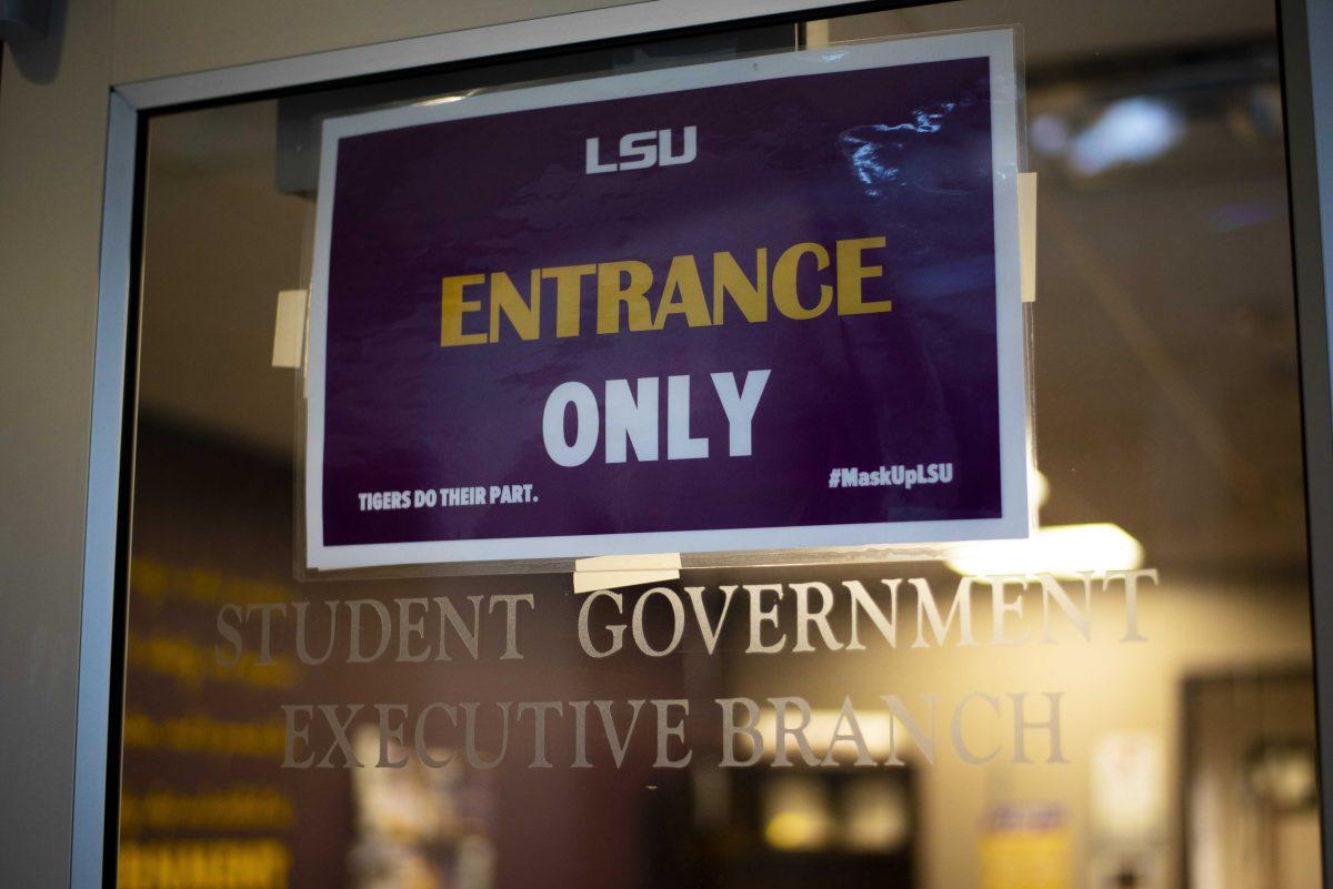 The entrance door to the student government office sits shut on Monday, Jan. 25, 2021 downstairs in the Student Union on LSU's campus.