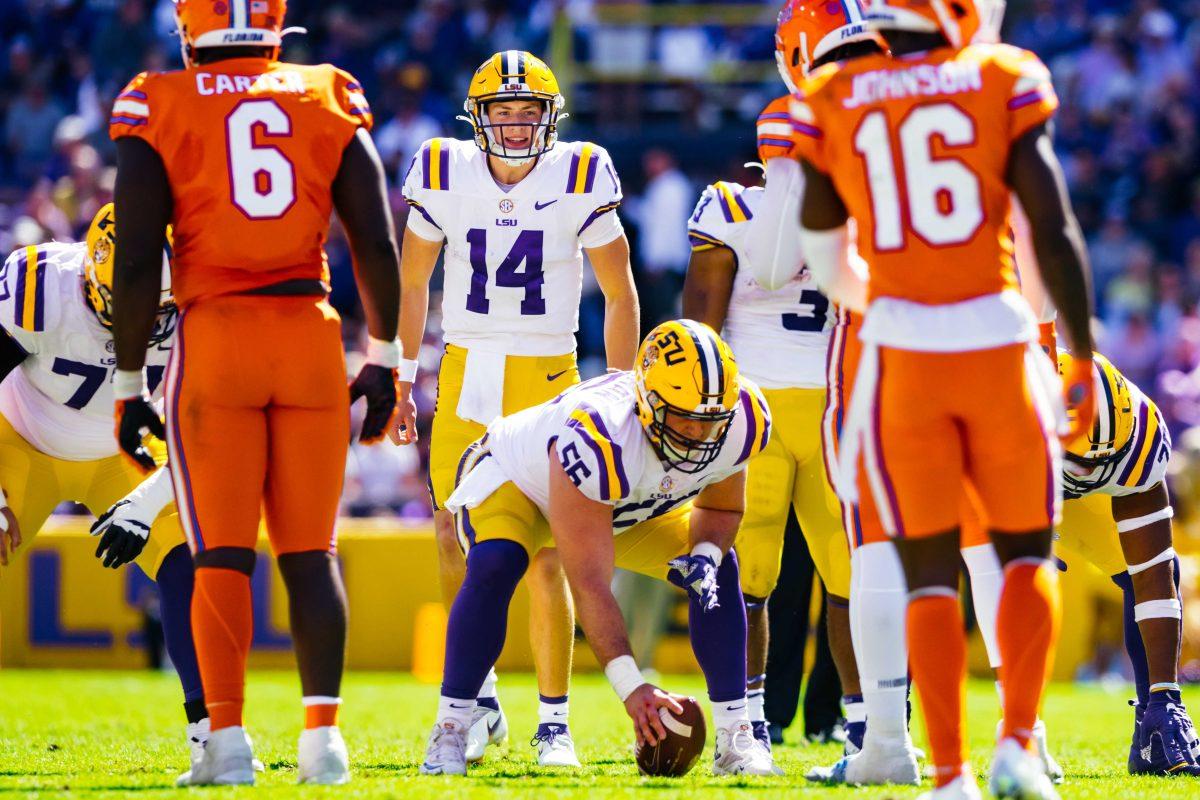 LSU football sophomore quarterback Max Johnson (14) yells a play to his team Saturday, Oct. 16, 2021, during LSU's 49-42 win against Florida at Tiger Stadium in Baton Rouge, La.