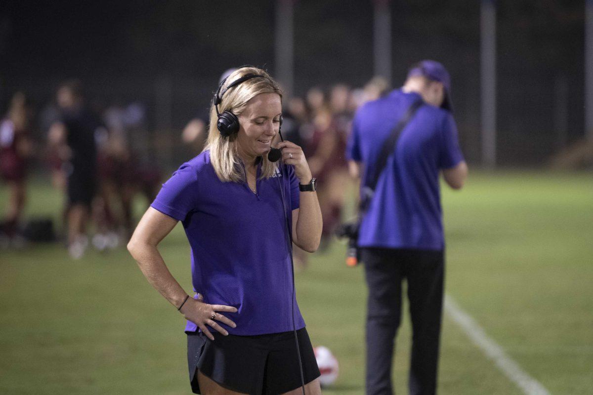 LSU soccer head coach Sian Hudson interviews Thursday, Oct. 21, 2021 after LSU&#8217;s 4-0 win against South Carolina at the LSU Soccer Stadium in Baton Rouge, La