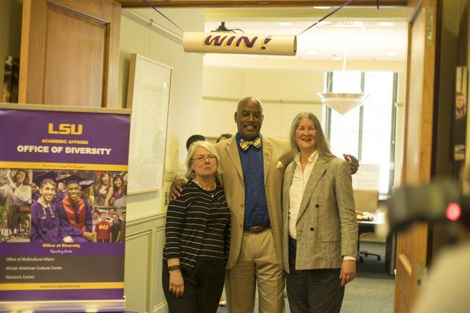 Vice Provost &amp; Chief Diversity Officer Dereck J. Rovaris, Sr. meets with attending faculty members on Sept. 21, 2016 during the Office of Diversity open house in Thomas Boyd Hall.