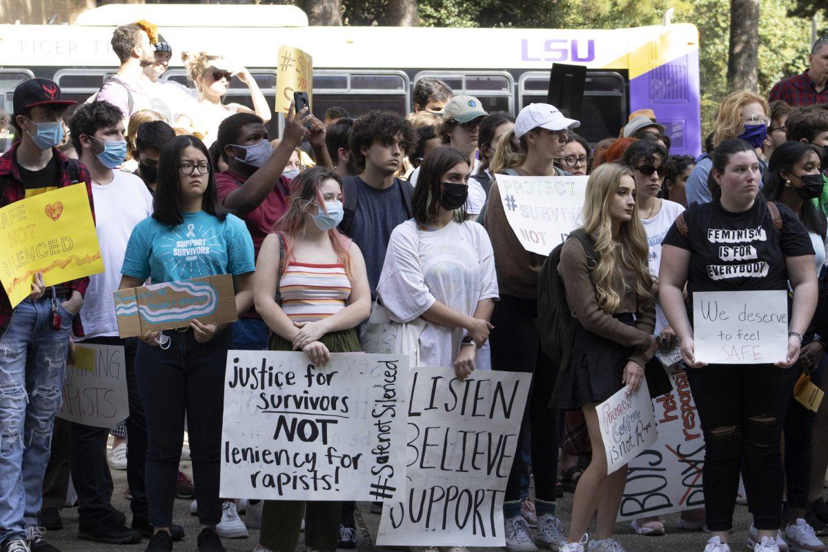 LSU students watch speakers Monday, Oct. 18, 2021, during the Feminists in Action protest following reports of LSU mishandling sexual assault cases at Hodges Hall on LSU's campus.