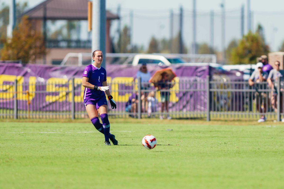 LSU soccer junior goalkeeper Mollee Swift (1) gets ready for a goal kick Sunday, Sept. 26, 2021 during their 2-1 loss against Georgia at the LSU Soccer Stadium in Baton Rouge, La