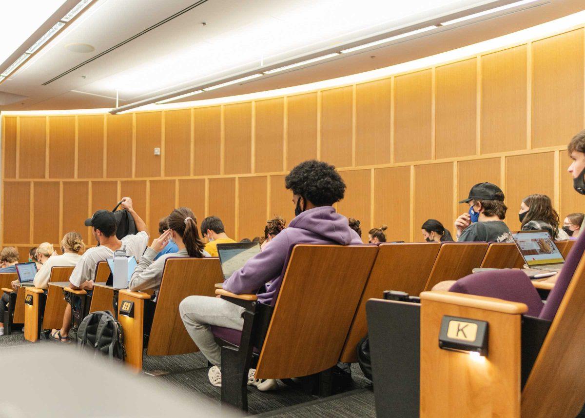 LSU students take notes on their laptops on Tuesday, Oct. 12, 2021, in the Business Education Complex Auditorium on South Quad Drive in Baton Rouge, La.