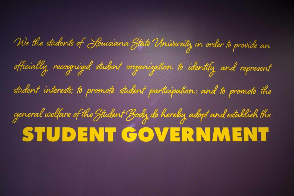 LSU's student government's mission statement displays across the wall of the student government office on Monday, Jan. 25, 2021 on the first floor of the Student Union on LSU's campus.