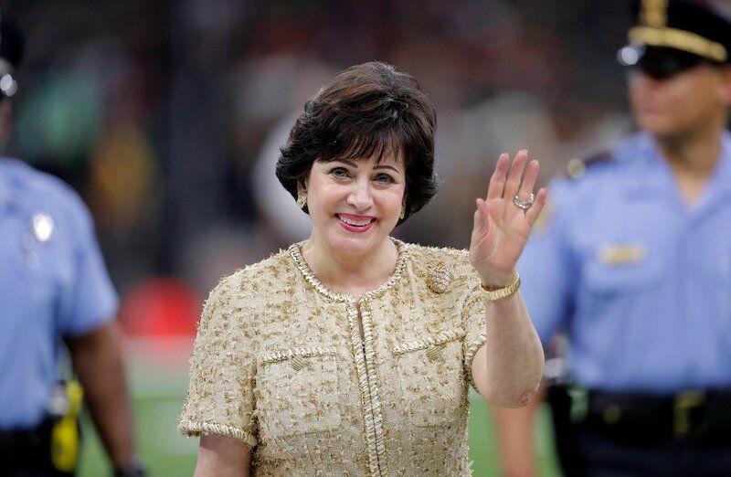 New Orleans Saints owner Gayle Benson waves before an NFL football game against the Houston Texans in New Orleans, Monday, Sept. 9, 2019.