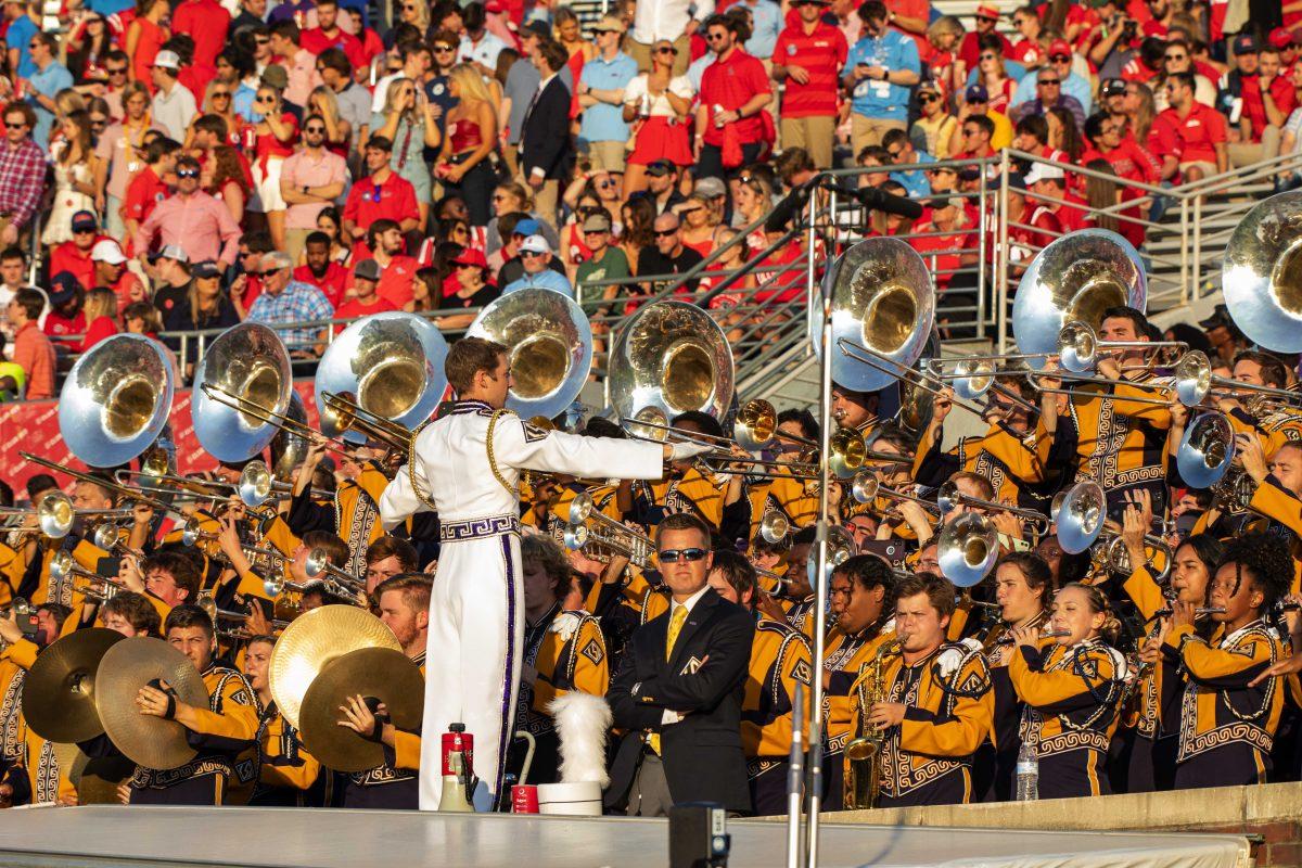 LSU&#8217;s Tiger Band plays &#8220;Say Amen (Saturday Night)&#8221; on Saturday, Oct. 23, 2021, during LSU's 31-17 loss against the University of Mississippi, in Vaught-Hemingway Stadium, Oxford, Mississippi.