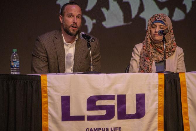 Assistant professor of religious studies Dr. Brad Storin speaks at the "Same God" panel discussion on Wednesday, Mar 27, 2019.