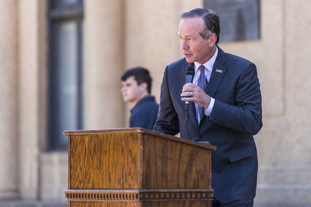 LSU President. F. King Alexander gives a speech during LSU's 2018-19 Student Government inauguration on Wednesday, April 4, 2018, near Memorial Tower.