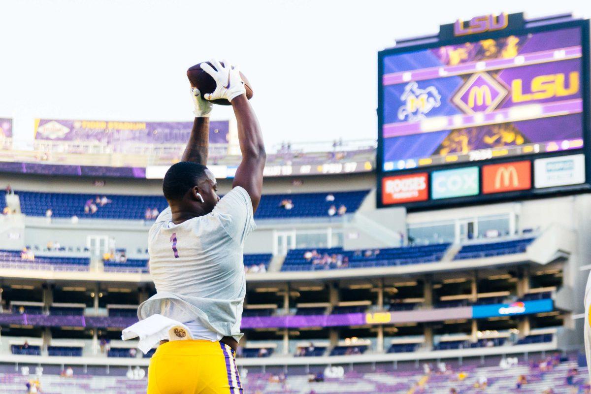 LSU football sophomore wide receiver Kayshon Boutte (1) practices Saturday, Sept. 11, 2021, before LSU's 34-7 win against McNeese at Tiger Stadium in Baton Rouge, La.