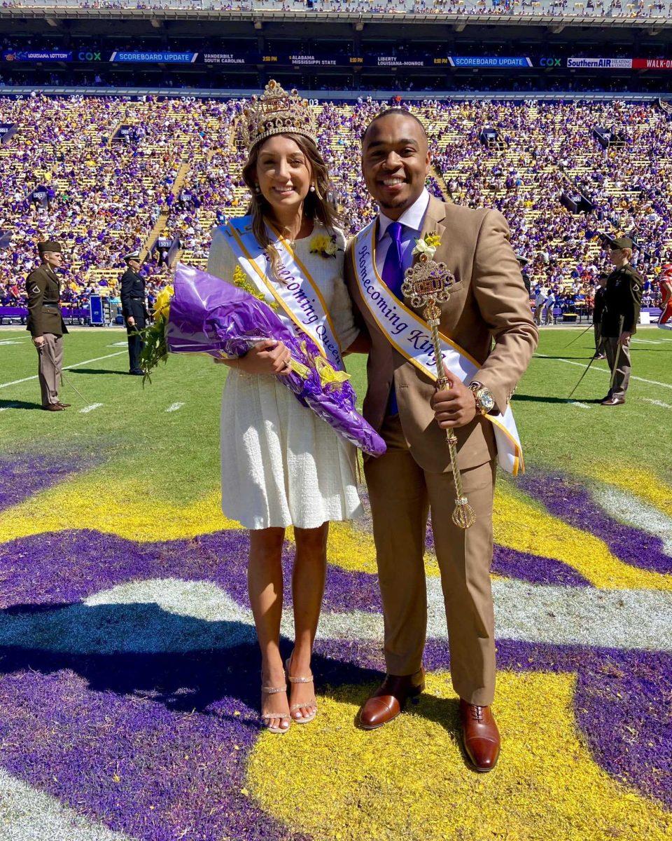 LSU Homecoming Queen Claudia Henry and King Chandler Black pose after being crowned during halftime of the LSU football game against Florida at Tiger Stadium on Oct. 16, 2021.