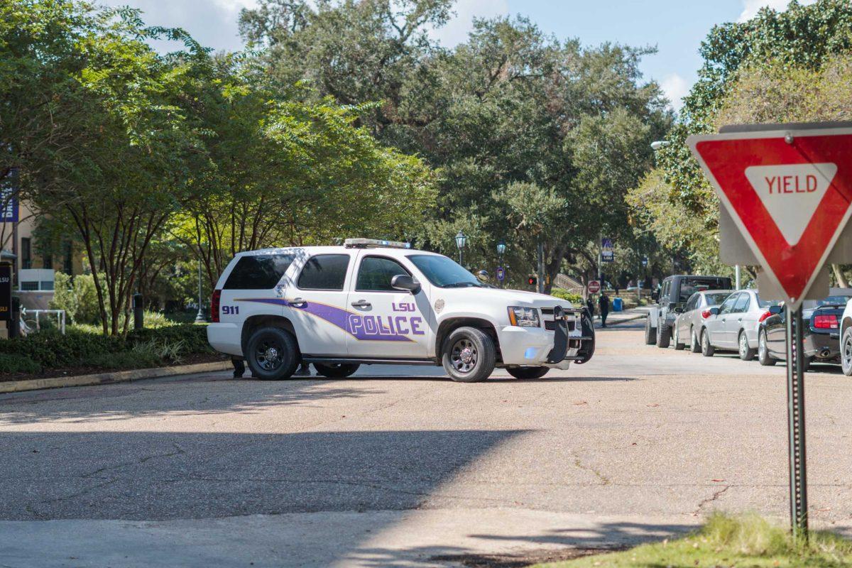 An LSU police car blocks Veterans Drive on Thursday, Oct. 21, 2021, in Baton Rouge, La.