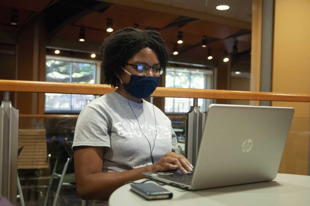 Creative writing and religious studies senior Akua Lewis sits through zoom class on Tuesday, Oct. 13, 2021 at Patrick F. Taylor Hall on LSU's campus in Baton Rouge, La.