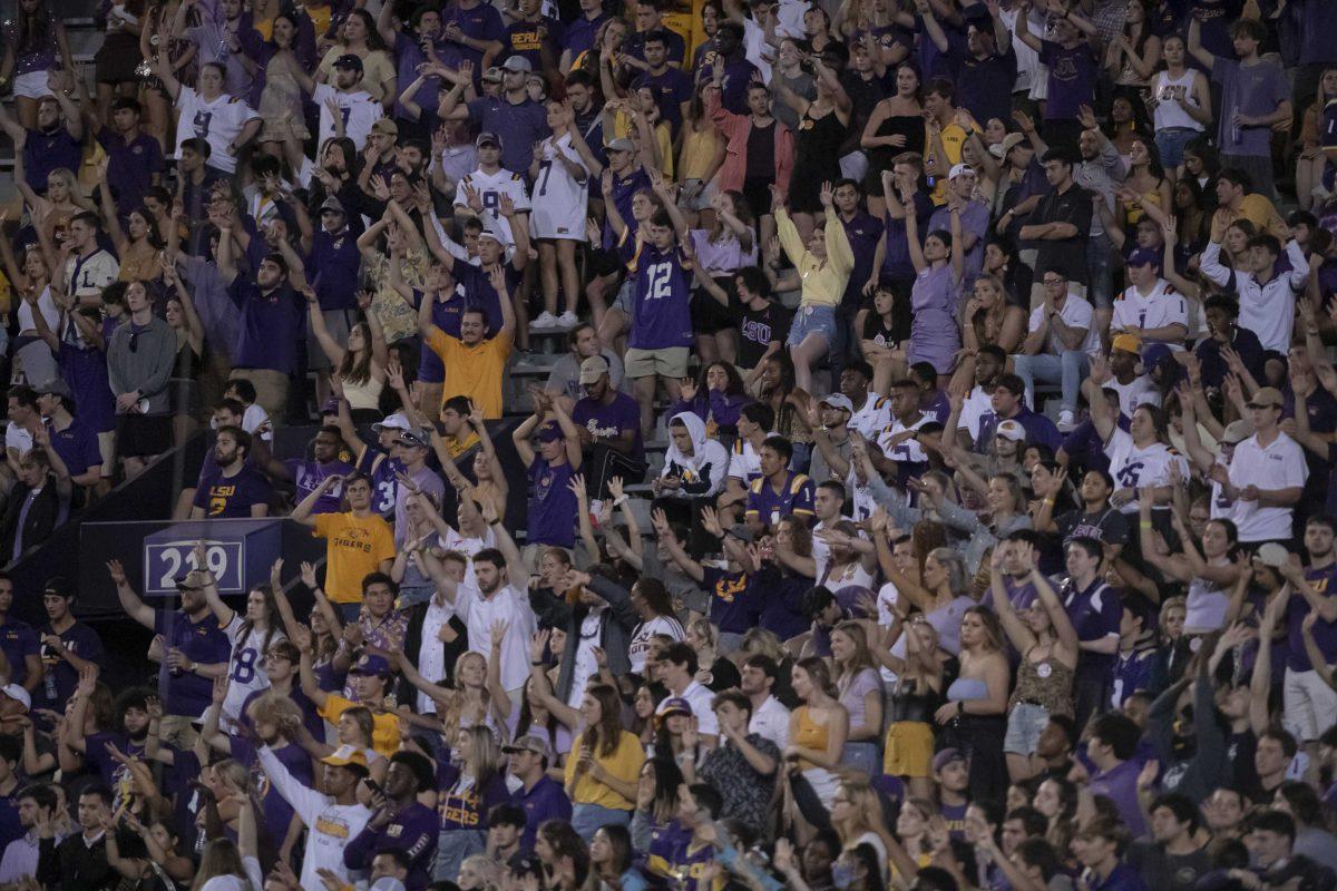 LSU fans cheer after a first down on Saturday, Oct. 2, 2021, during LSU's 24-19 loss against Auburn at Tiger Stadium in Baton Rouge, La.