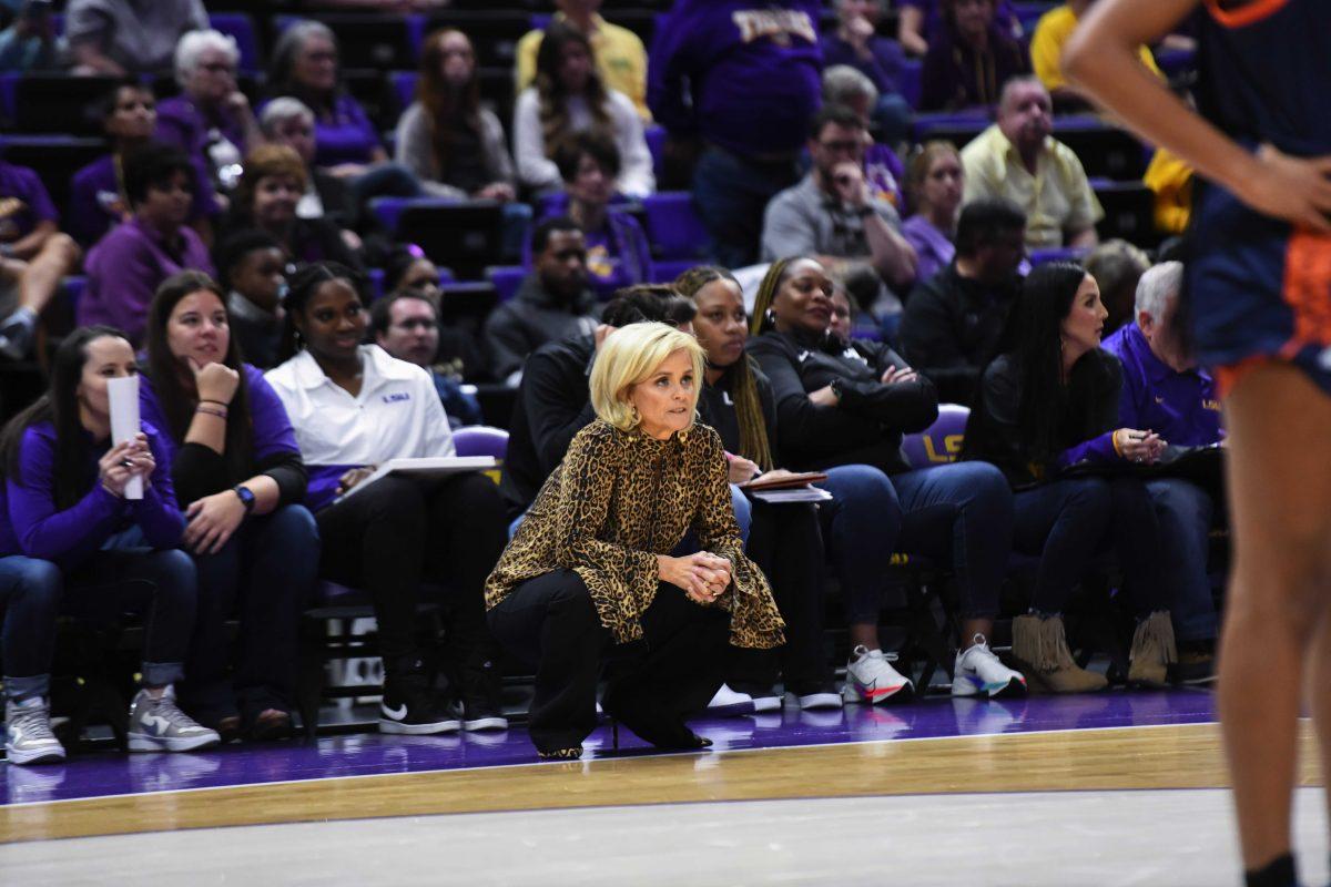 LSU women's basketball head coach Kim Mulkey watches from the sideline Saturday, Oct. 30, 2021 during LSU's 112-48 win against Langston in an exhibition match at the Pete Maravich Assembly Center on N. Stadium Drive in Baton Rouge, La.