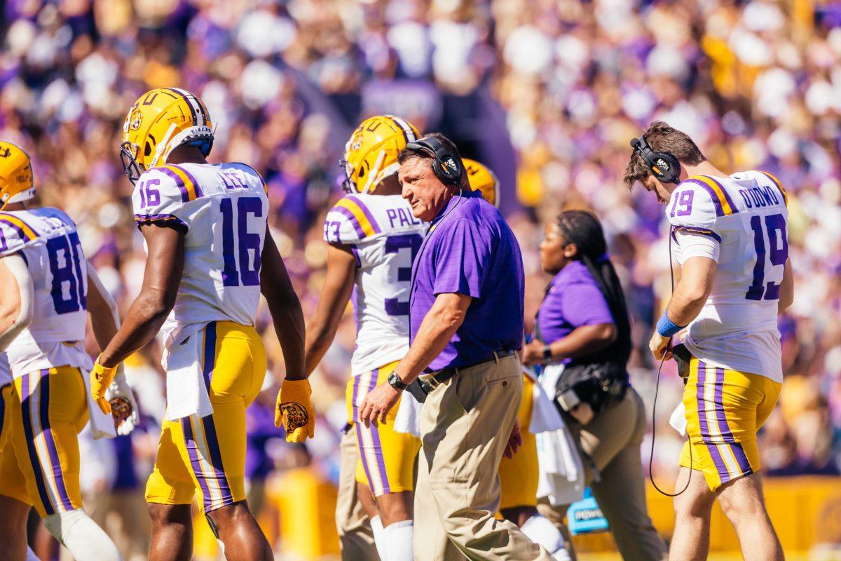 LSU head coach Ed Orgeron glances back at the football field Saturday, Oct. 16, 2021, during LSU's 49-42 win against Florida at Tiger Stadium in Baton Rouge, La.