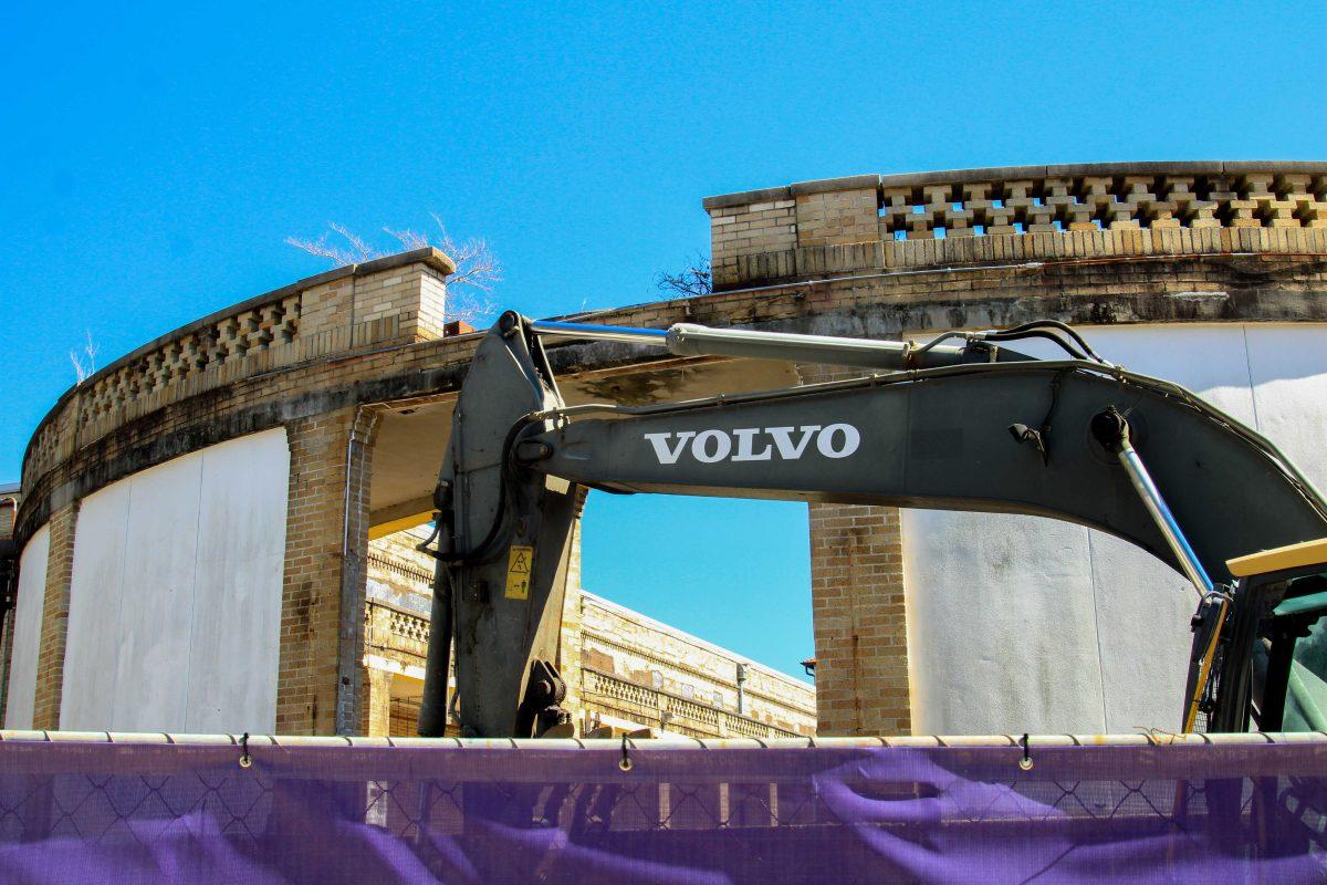 A Volvo excavator sits Monday, Feb. 22, 2021, at the Huey P. Long Field House that is currently under renovation on Field House Drive on LSU's campus in Baton Rouge, La.