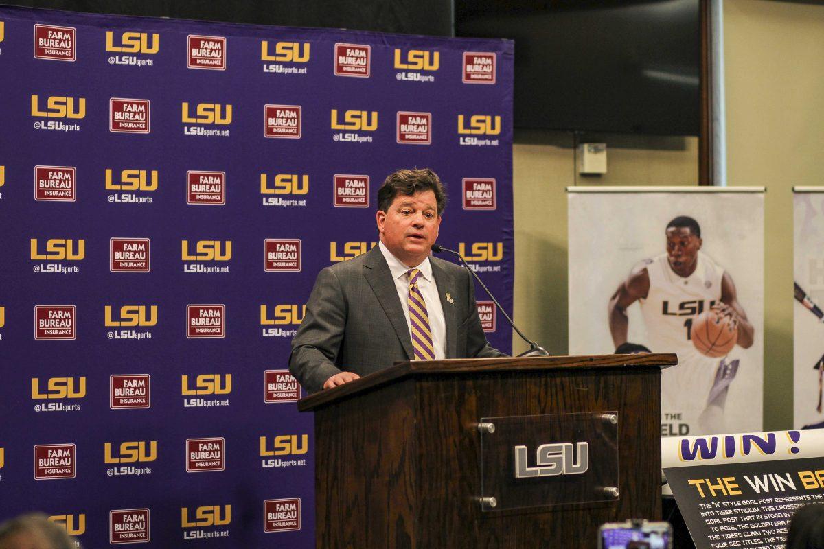 LSU athletic director Scott Woodward holds an introductory press conference in the Journalism Building on Tuesday, April 23, 2019.