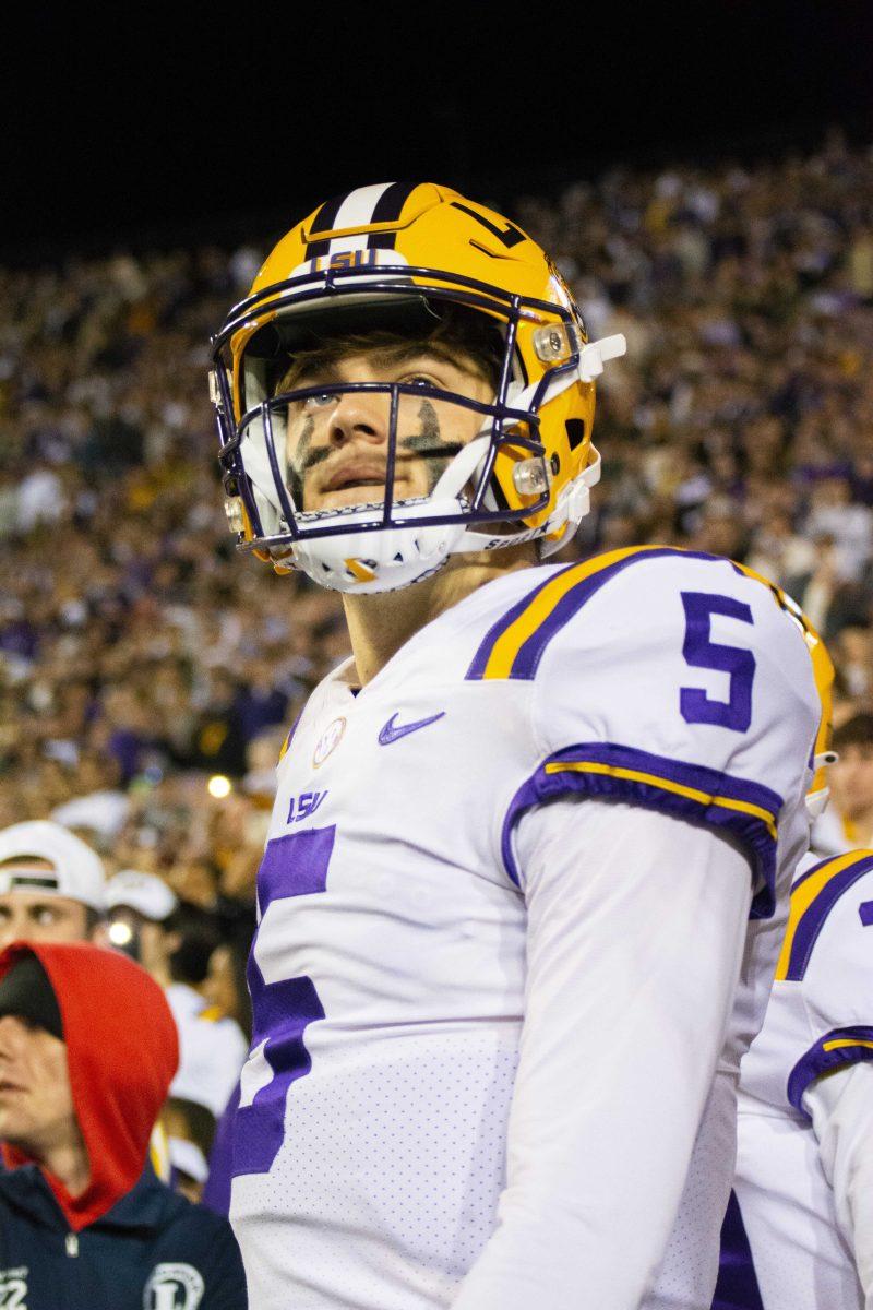 LSU football freshman quarterback Garrett Nussmeier (5) walks out the tunnel Saturday, Nov. 14, 2021, during LSU&#8217;s 16-13 loss against Arkansas at Tiger Stadium in Baton Rouge, La.