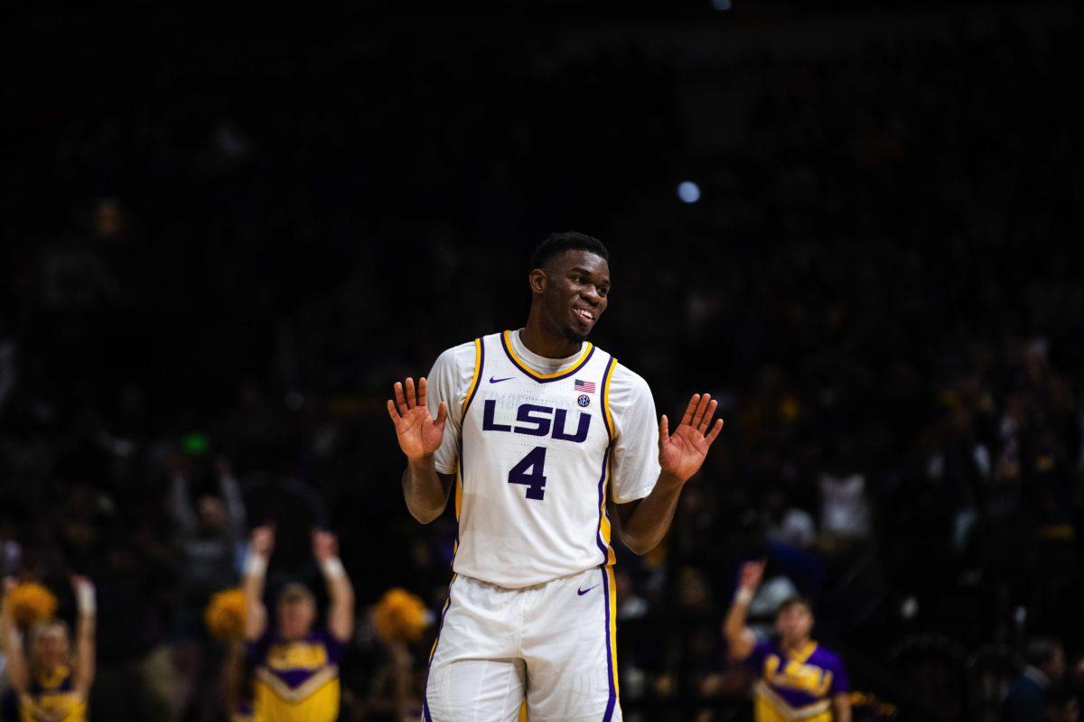 LSU men&#8217;s basketball senior forward Darius Days (4) smiles Friday, Nov. 12, 2021, during LSU&#8217;s 84-59 win against Texas State in the Pete Maravich Assembly Center on North Stadium Drive in Baton Rouge, La.