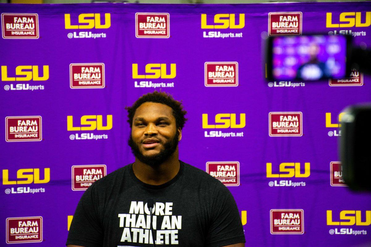 LSU football senior offensive guard Ed Ingram (70) speaks to the press Tuesday, Nov. 2, 2021, during the weekly press conference in the LSU Football Operations Center on Skip Bertman Dr.