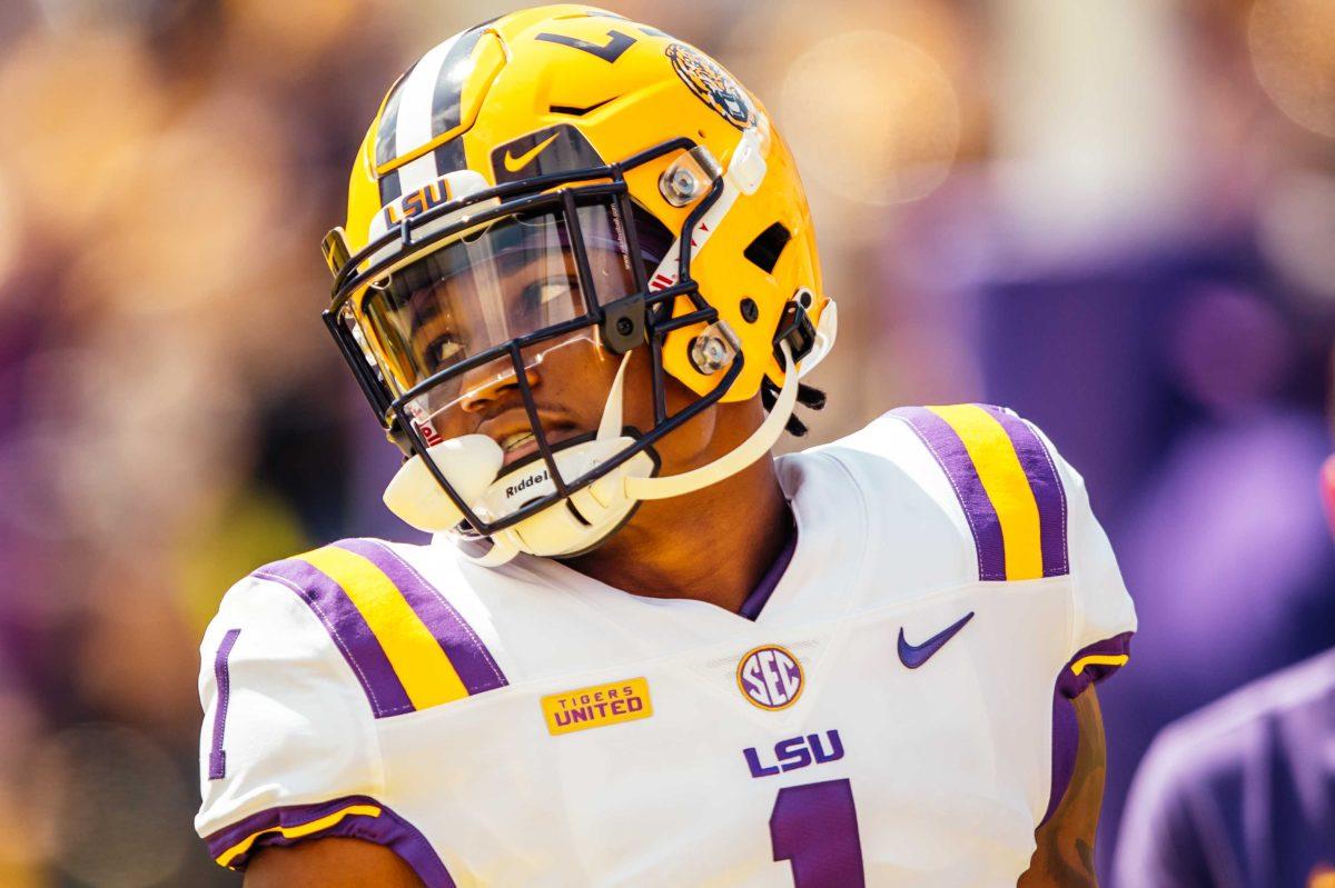 LSU football freshman cornerback Eli Ricks (1) looks at the field Saturday, Sep. 26, 2020 before LSU's 44-24 loss against Mississippi State in Tiger Stadium.