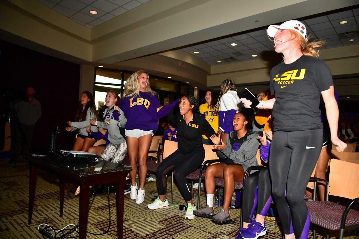 The LSU soccer team celebrates after earning an NCAA tournament bid on Monday, Nov. 9, 2021. Courtesy LSU Athletics