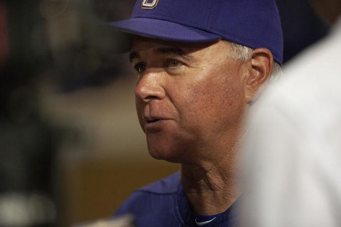 LSU baseball coach Paul Mainieri interacts with media after the Tigers' 5-3 victory over Lamar on Tuesday, April 23, 2019, in Alex Box Stadium.