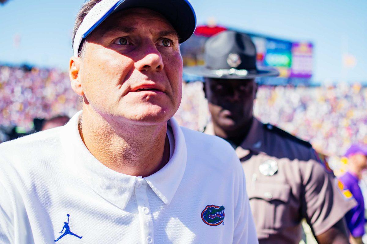 Florida football head coach Dan Mullen walks off the field Saturday, Oct. 16, 2021, after LSU's 49-42 win against Florida at Tiger Stadium in Baton Rouge, La.