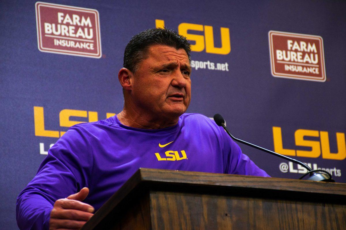 Ed Orgeron speaks at a press conference on Monday, November 1, 2021 in the Bill Lawton Room in Tiger Stadium. The media availability was the first in-person weekly session LSU held since the COVID-19 pandemic began.&#160;