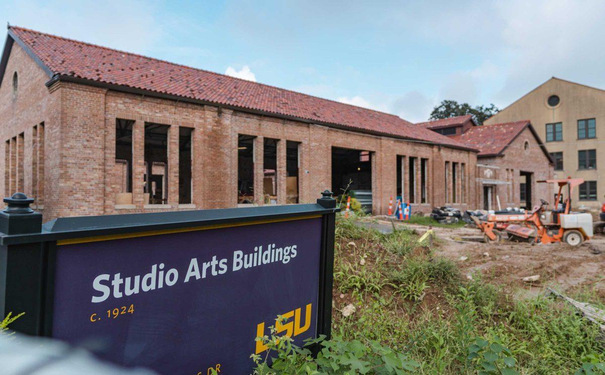 Construction materials and equipment sit near the LSU Studio Arts Buildings on Sunday, Oct. 3, 2021, on South Campus Drive in Baton Rouge, La.