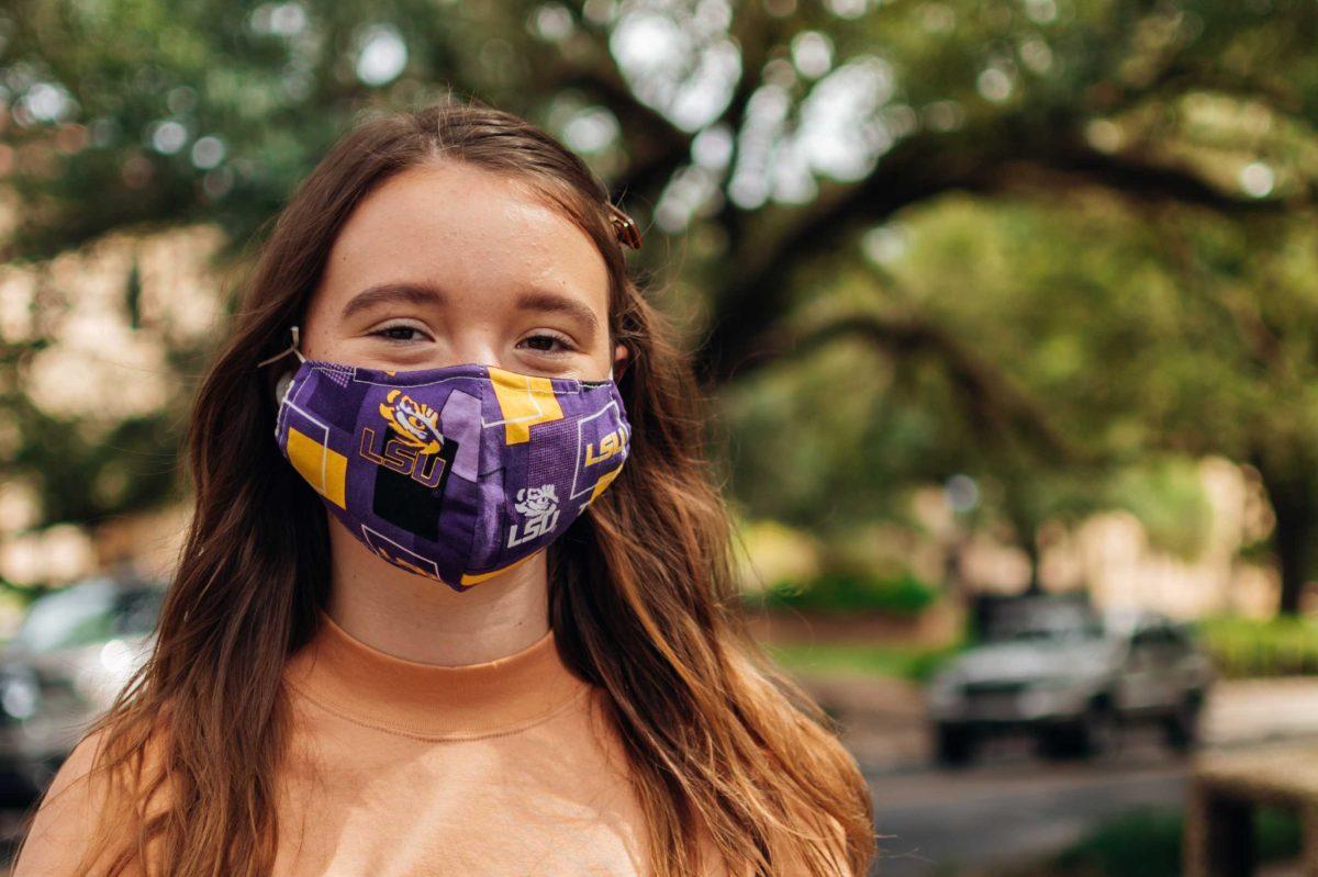 LSU music and microbiology sophomore Emma Stevens poses for a photo Thursday, Sep. 17, 2020 on the corner of Highland Road and Veterans Drive on LSU's campus.