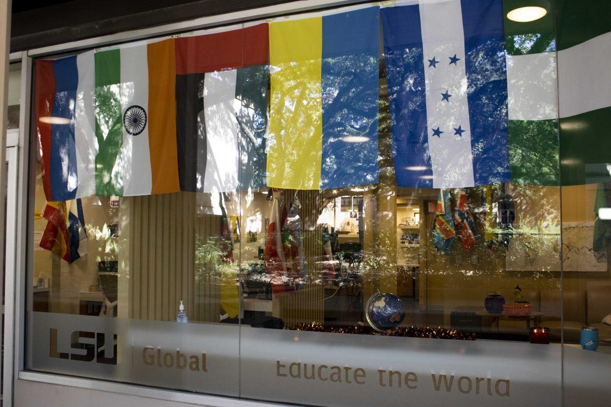 A variety of flags hang Thursday, Oct. 28, 2021 inside the LSU Global Office at the LSU Student Union in Baton Rouge, La.