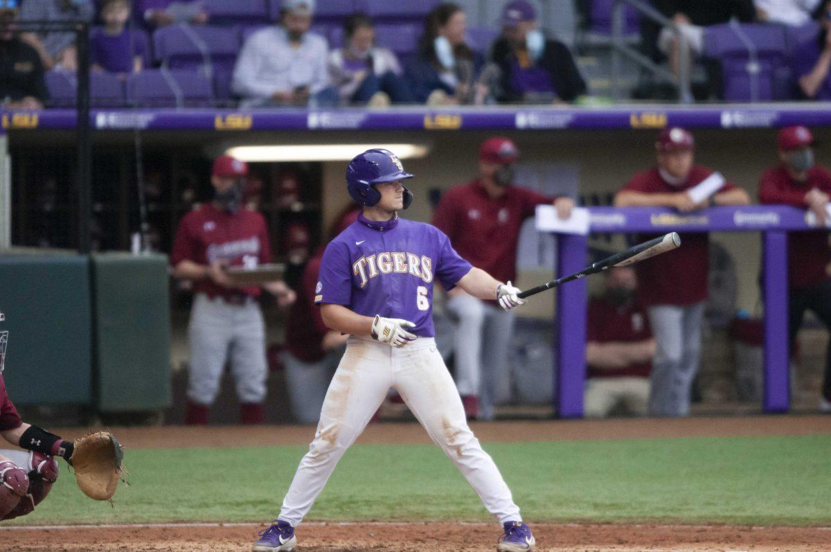 LSU baseball junior utility Gavin Dugas (6) prepares for the pitch Saturday, April 17, 2021 during LSU&#8217;s 2-4 loss against South Carolina in Alex Box Stadium on Gourrier Avenue in Baton Rouge.