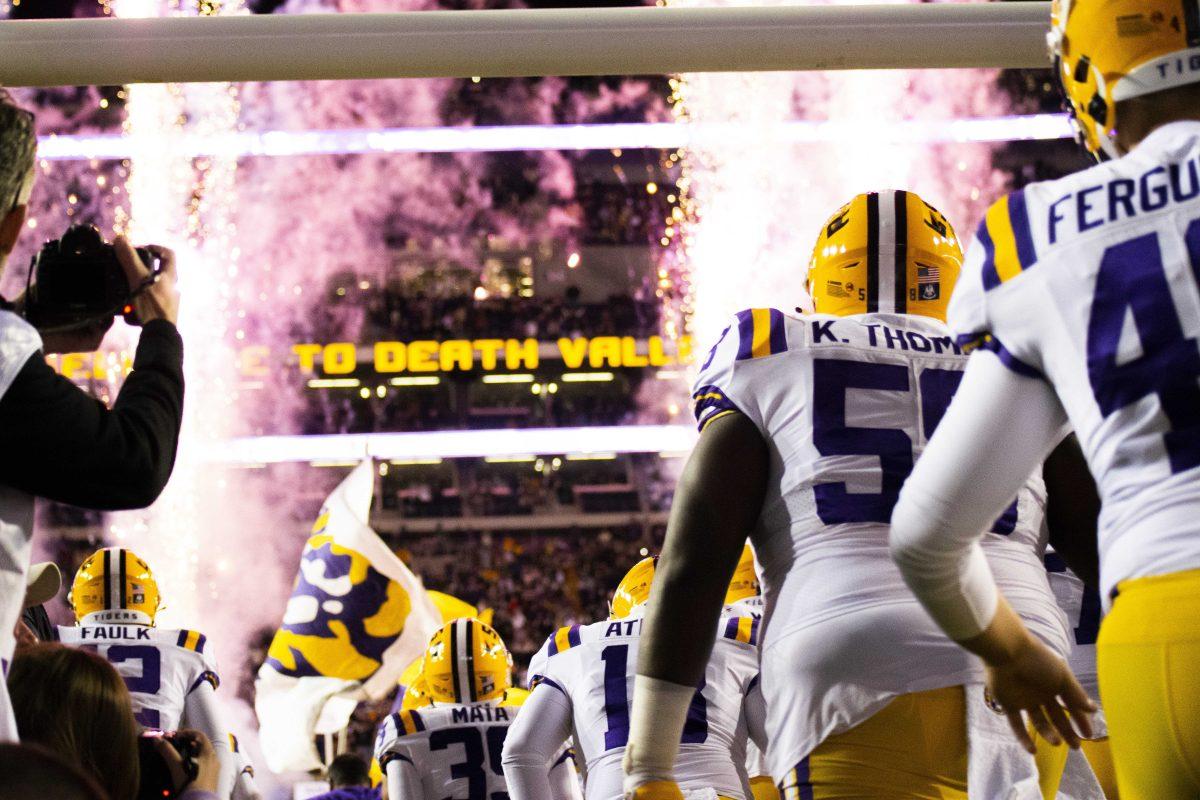 LSU football team runs out of the tunnel Saturday, Nov. 14, 2021, during LSU&#8217;s 16-13 loss against Arkansas at Tiger Stadium in Baton Rouge, La.