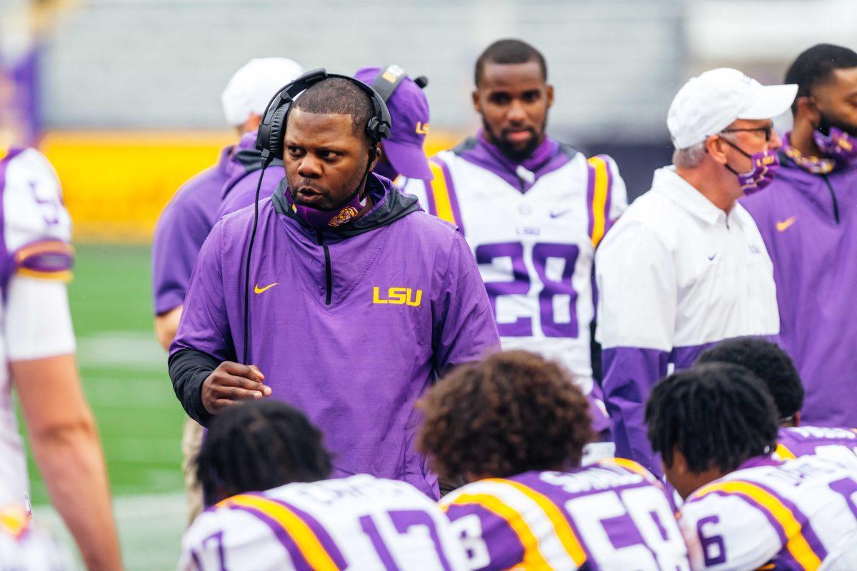 LSU football defensive coordinator Daronte Jones coaches his team during halftime Saturday, April 17, 2021 where the LSU football white team defeated purple 23-14 during their spring game at Tiger Stadium in Baton Rouge, La.