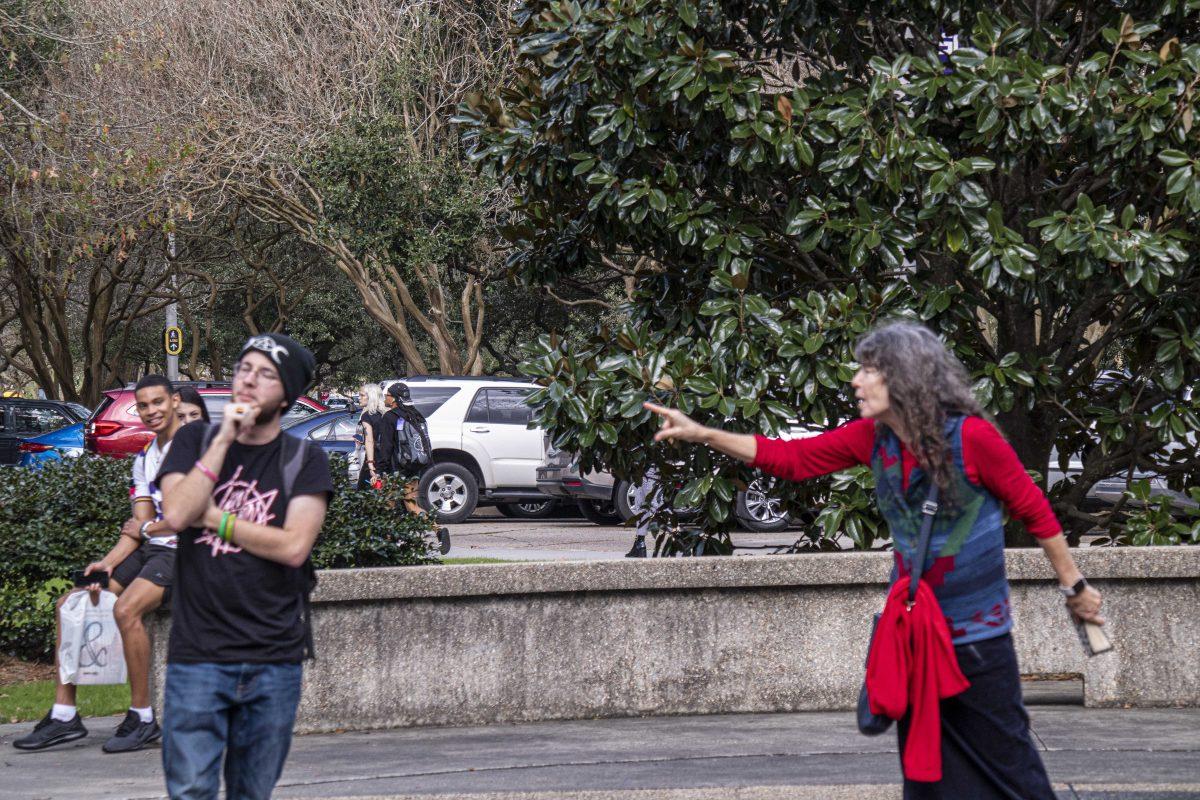 Sister Cindy points in disgust an LSU student on Wednesday, January 15, 2020 during her time preaching to students on LSU's campus the first week of Spring Semester 2020 in Free Speech Plaza.