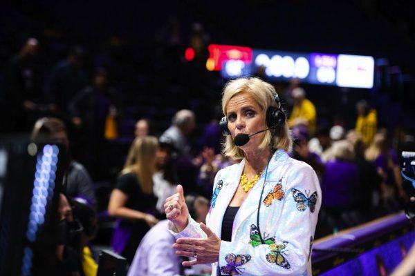 LSU women’s basketball head coach Kim Mulkey does a postgame interview on ESPN Thursday, Dec. 02, 2021, after LSU’s 69-60 win against Iowa State in the Pete Maravich Assembly Center on North Stadium Drive in Baton Rouge, La.