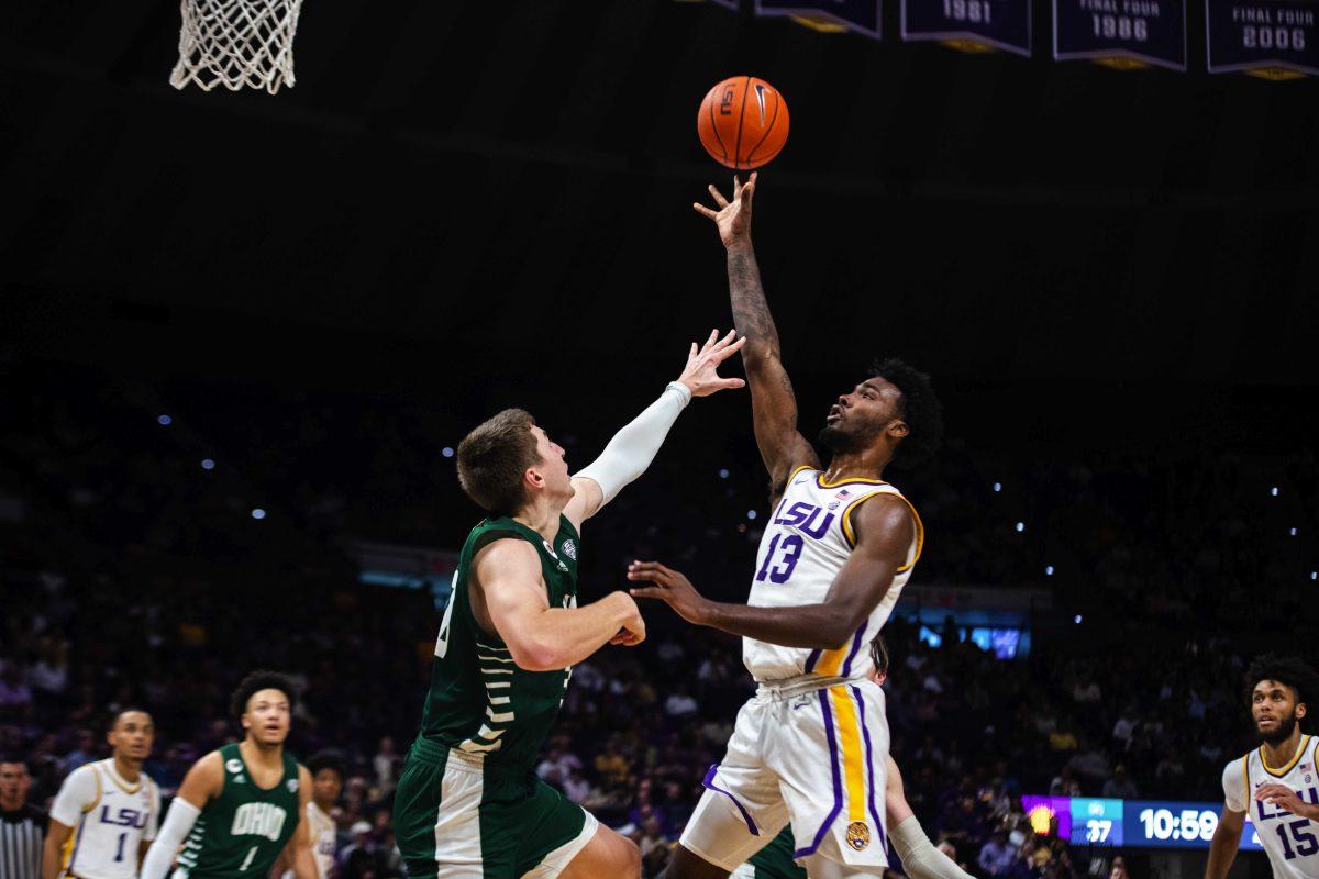 LSU men&#8217;s basketball sophomore forward Tari Eason (13) shoots a shot Wednesday, Dec. 01, 2021, during LSU&#8217;s 66-51 win against Ohio in the Pete Maravich Assembly Center on North Stadium Drive in Baton Rouge, La.