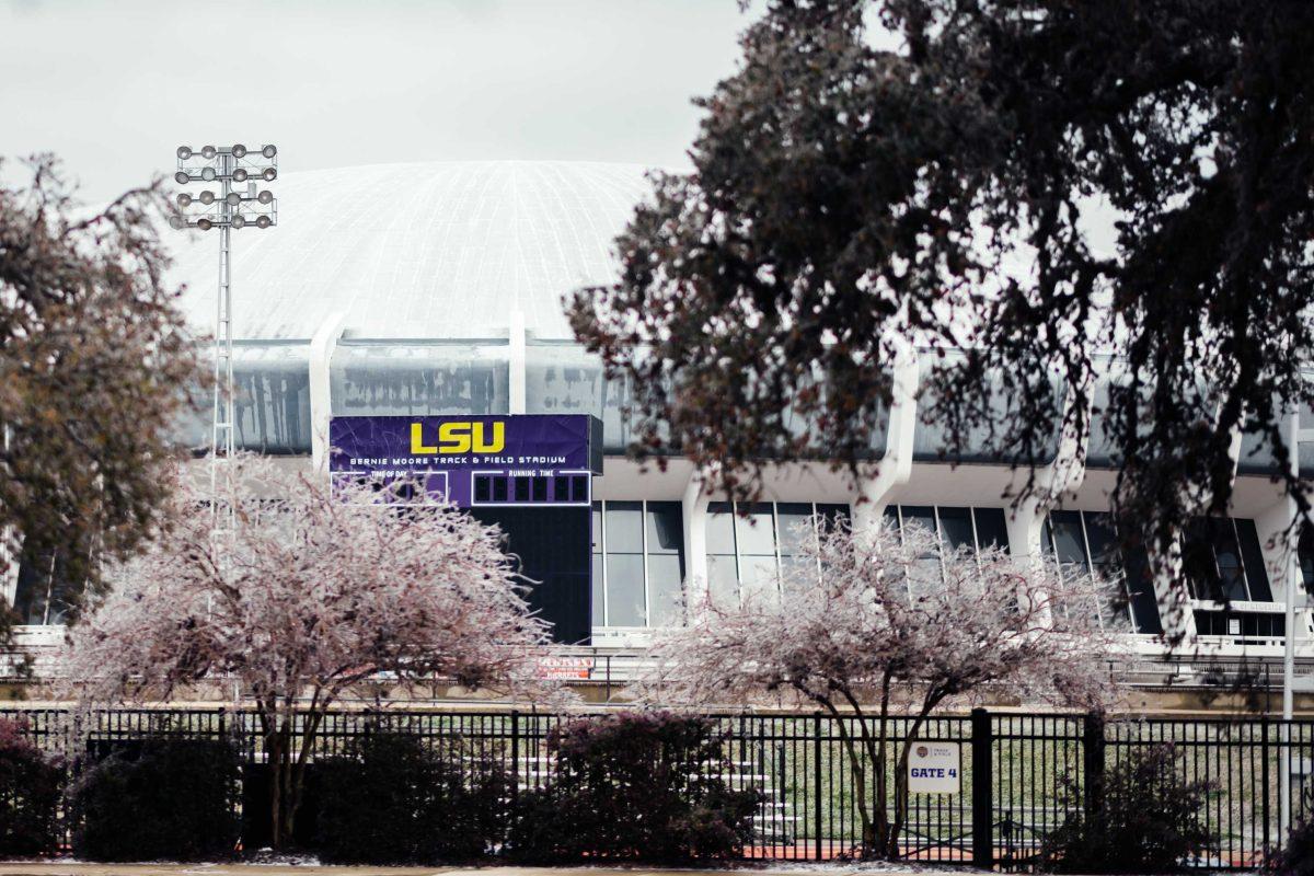 Ice-covered trees sit Monday, Feb. 15, 2021 during the winter weather mix outside of the LSU track and field stadium on Nicholson Drive in Baton Rouge, La.