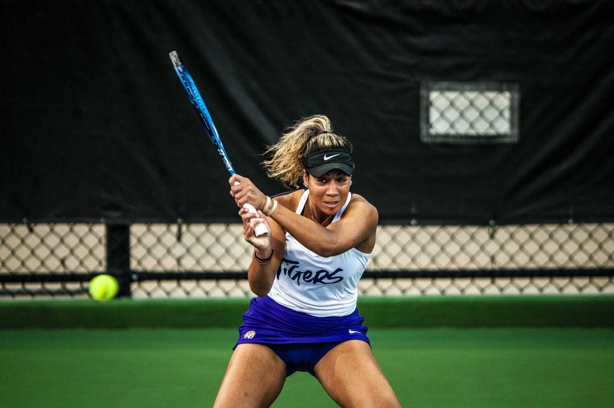 LSU women&#8217;s tennis sophomore Safiya Carrington returns the ball Friday, March 12, 2021 during LSU&#8217;s 4-0 loss against Georgia in the LSU Tennis Complex on Gourrier Avenue in Baton Rouge.