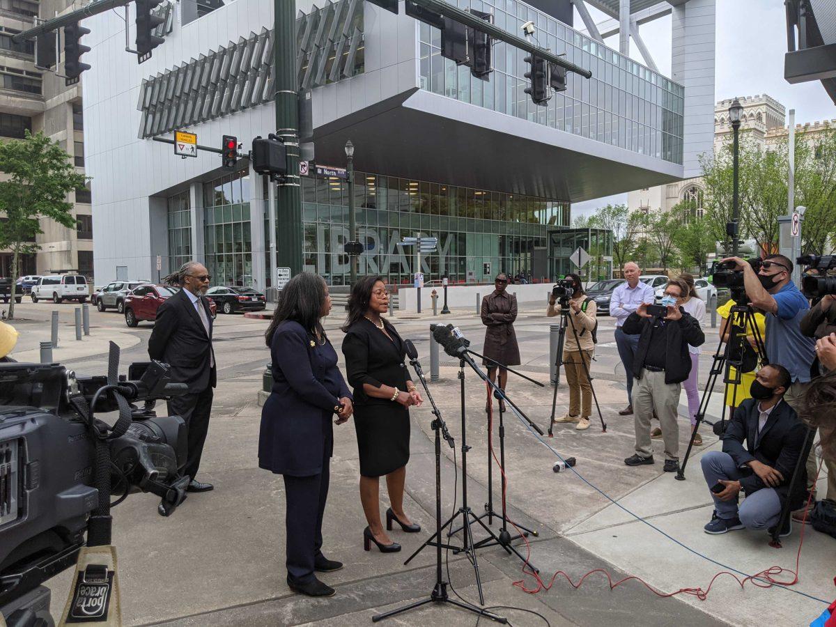 The legal team representing LSU Associate Athletic Director Sharon Lewis in her $50 million lawsuit against the University host a press conference on Wednesday, April 7, 2021 in front of the 19th District Court.