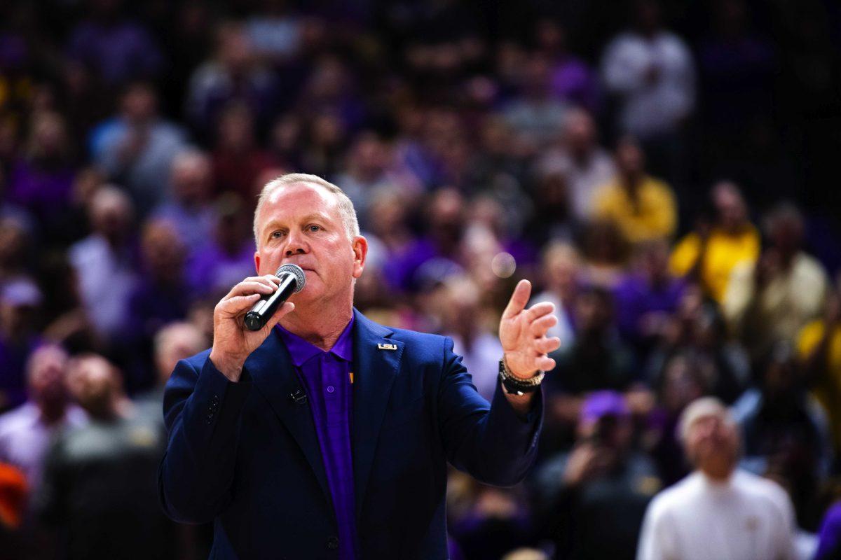 <p>LSU football head coach Brian Kelly speaks to the crowd during his introduction speech Wednesday, Dec. 01, 2021, during LSU’s 66-51 win against Ohio in the Pete Maravich Assembly Center on North Stadium Drive in Baton Rouge, La.</p>