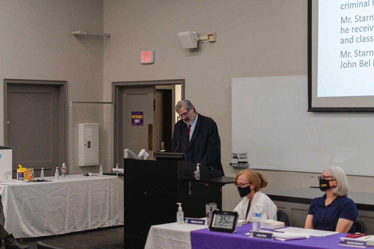 LSU Board of Supervisors Chair R&#233;my Starns speaks to the Faculty Senate on Monday, Nov. 15, 2021, during the LSU Faculty Senate meeting in the Howe-Russell Geoscience Complex in Baton Rouge, La.