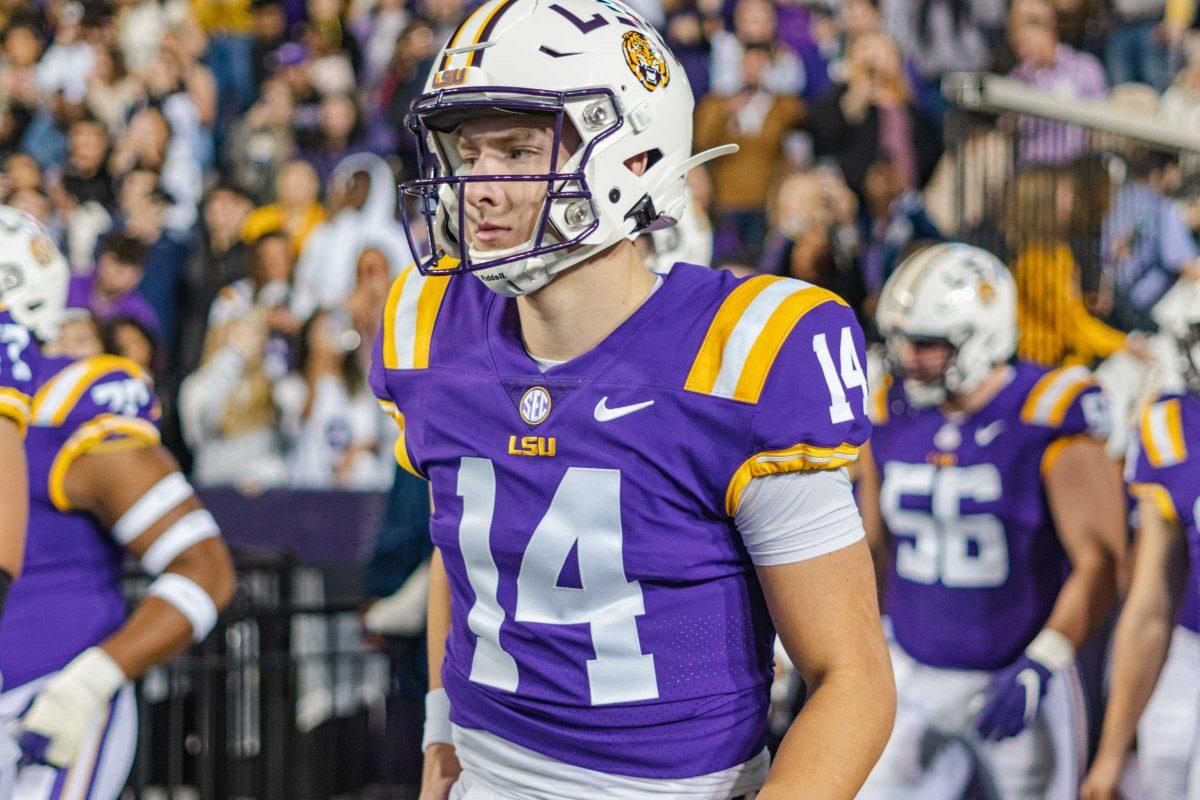 LSU football sophomore quarter back Max Johnson (14) takes the field on Saturday, Nov. 20, 2021, during LSU&#8217;s 27-14 victory over ULM in Tiger Stadium in Baton Rouge, La.