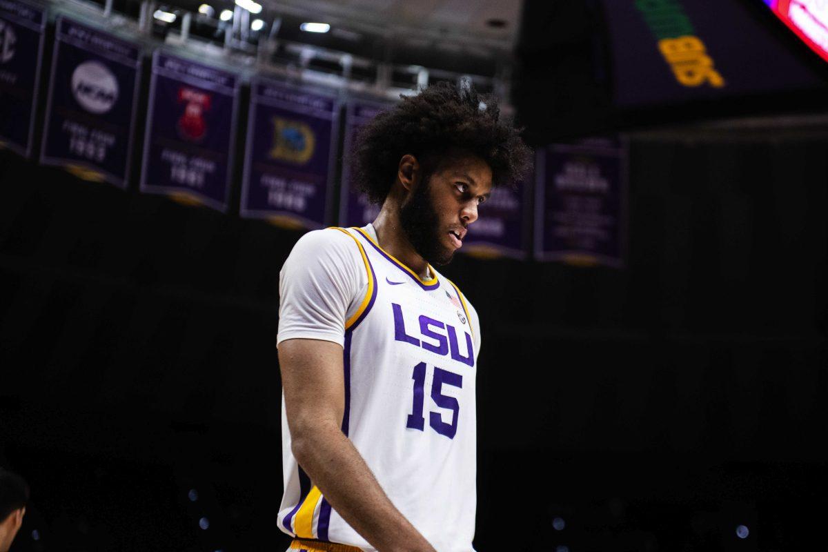 LSU men&#8217;s basketball freshman center Efton Reid (15) looks to the crowd after getting an and-one Monday, Nov. 15, 2021, during LSU&#8217;s 74-58 win against Liberty in the Pete Maravich Assembly Center on North Stadium Drive in Baton Rouge, La.