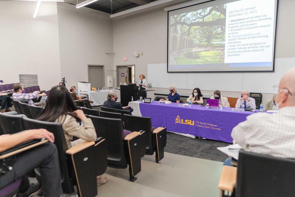 LSU Faculty Senate President Mandi Lopez addresses the room on Monday, Nov. 15, 2021, as the Faculty Senate meeting begins in the Howe-Russell Geoscience Complex in Baton Rouge, La.