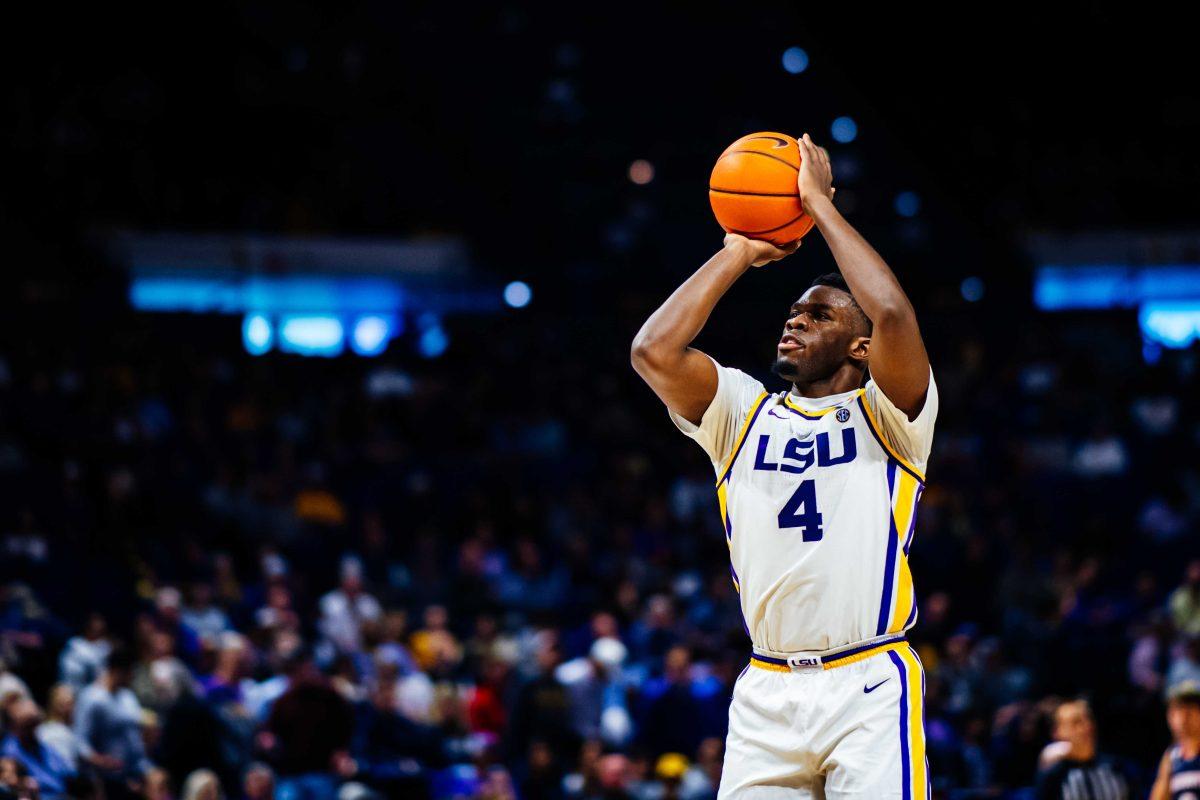 LSU men's basketball senior forward Darius Days (4) makes a free throw Monday, Nov. 22, 2021, during LSU's 83-53 win over Belmont in the Pete Maravich Assembly Center in Baton Rouge, La.